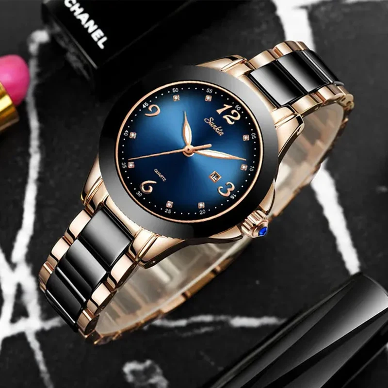 SUNKTA Fashion Elegant Woman Watch Diamond Simple Casual Ceramic Belt Women\'s Wristwatches Date Waterproof Luminous Female Clock