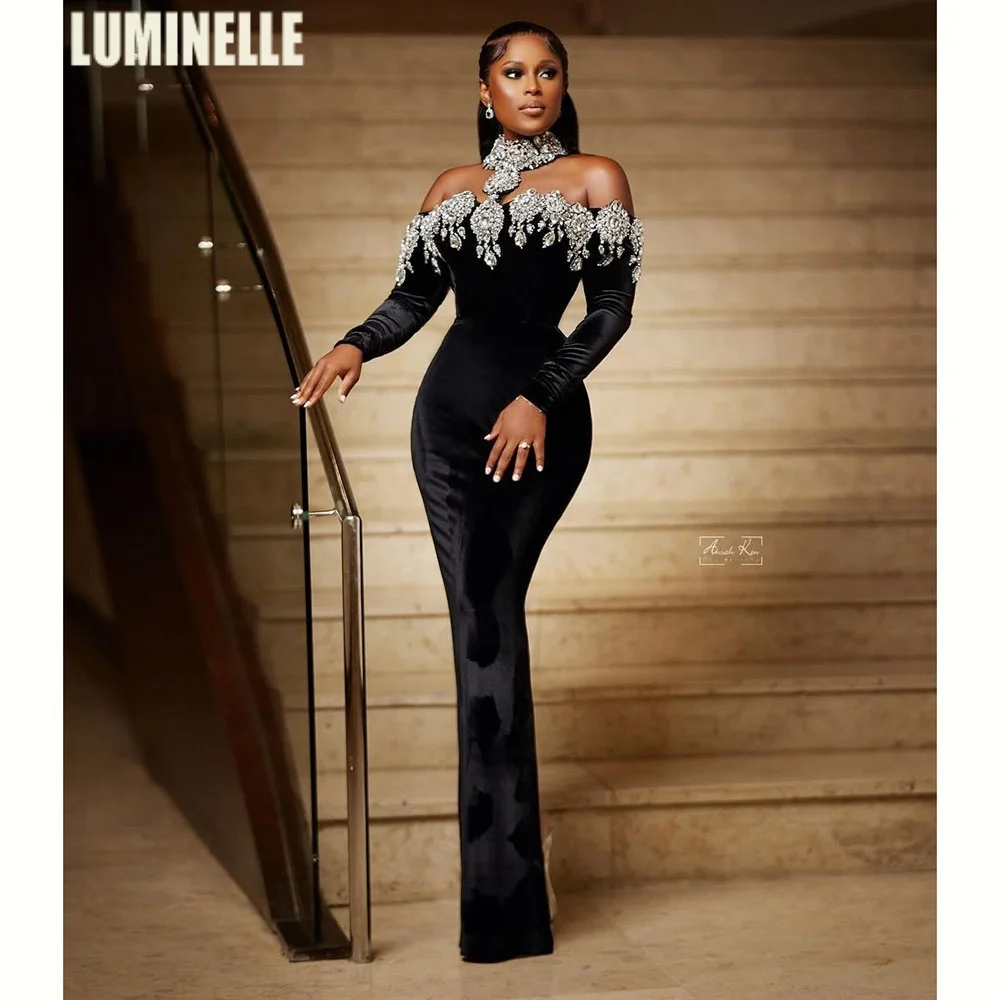 

Изысканные вечерние платья из велюра на заказ для сексуальных женщин: фасон «русалка», с открытыми плечами, высоким воротом, кристаллами, Vestido De Fiesta 2026