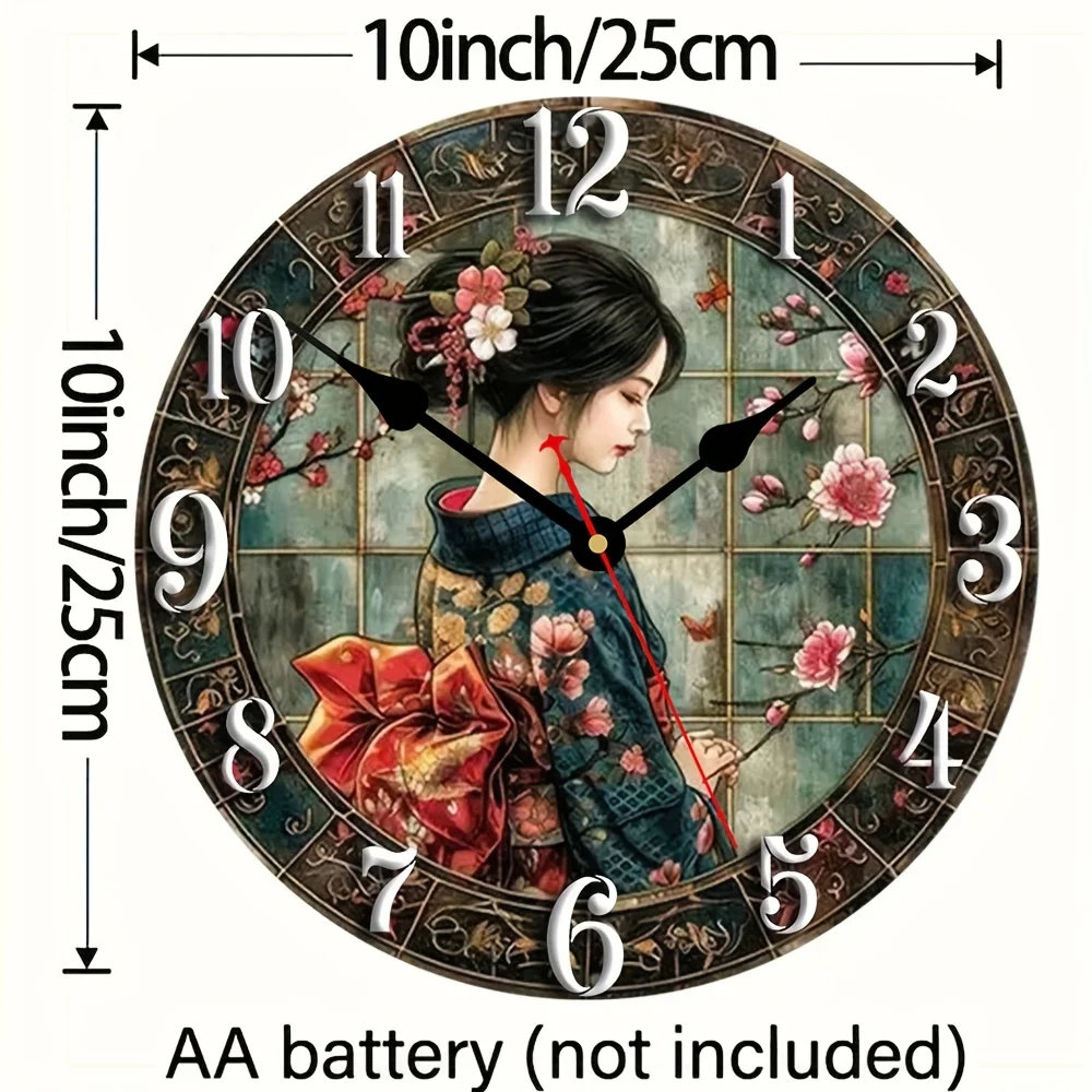 Round Wooden Wall Clock, Japanese Floral Design, Battery Powered, Low Voltage, for Home Office Kitchen Decor - AA Battery