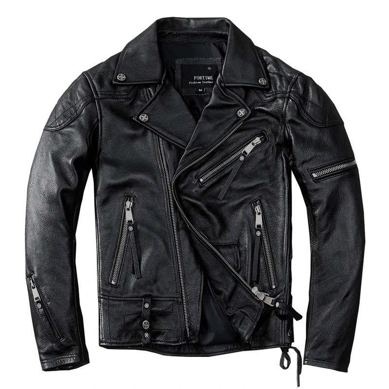 Black Autumn Leather Jacket Men Diagonal Zipper Plus Size 5XL Natural Thick Cowhide Slim Fit Genuine Leahter Coat