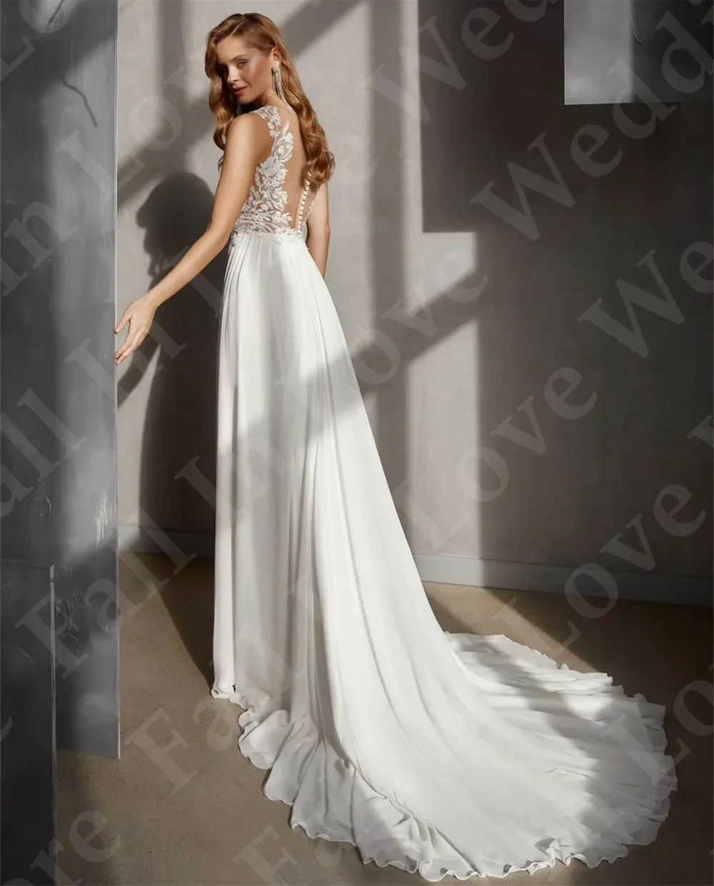 A-Lijn Chiffon Trouwjurk Afneembare Vloer Lange Mouwen Boho Kant Appliques Bruid Jurk Robe De Mariée 2024 Strand Feestjurk