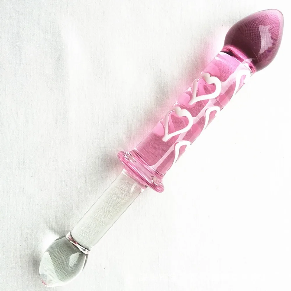 Borosilicate Glass Dildo, Pink Heart Pattern Double-Ended Toy with Ergonomic Handle