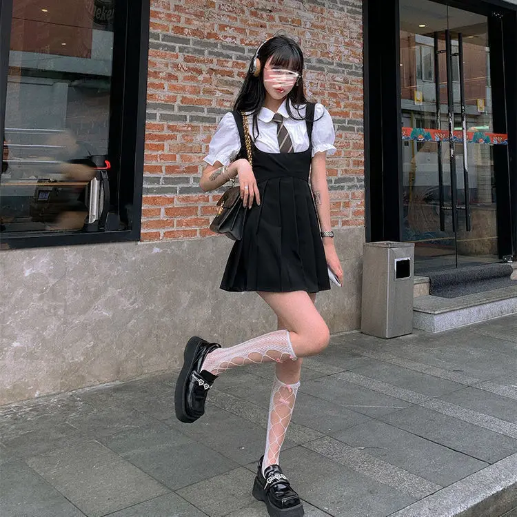 2023 korea japan style female summer fashion style jk uniform halter pleated skirt bubble short sleeve shirt two piece sets g823