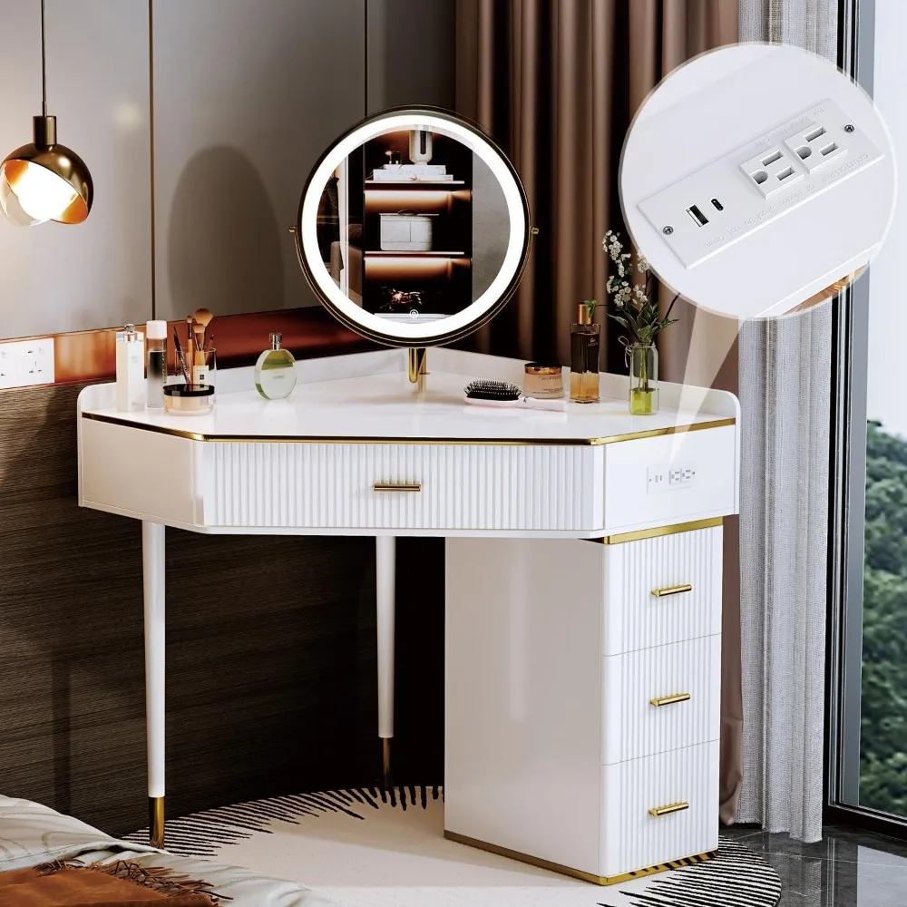 Makeup Vanity Desk with Mirror and Lights,Modern White Corner Vanity Desk, Large Size Corner,dressingTable with 4 Drawers