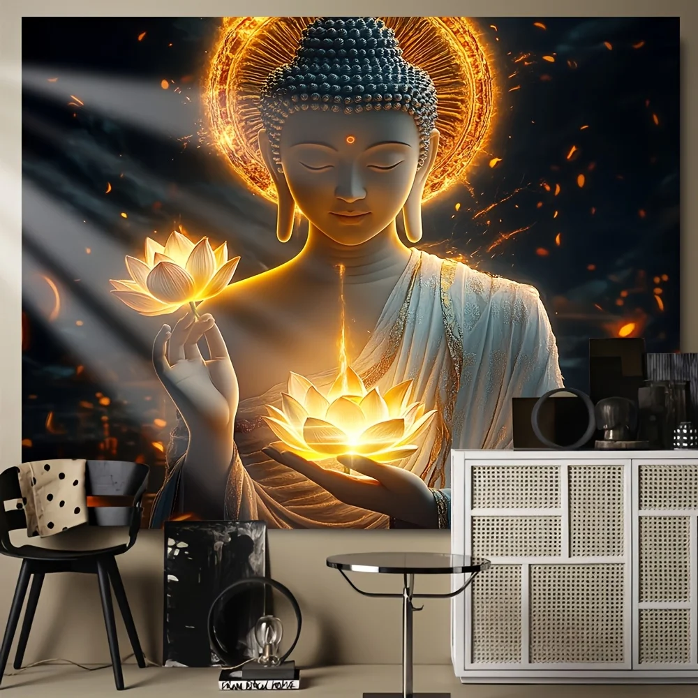 Buddha with Lotus Flower Wall Art Spiritual Meditation Decor Zen Buddhist Painting Peaceful Home Interior Design 2D Flat Print
