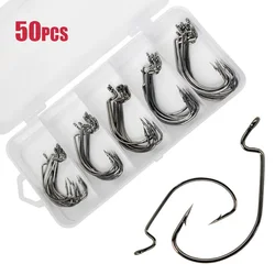 50pcs Wide Worm Hook Carbon Steel Offset Fishhook Bass Barbed Carp Fishing Hook Fishing Accessories Fishing Gear Fishing Tackle