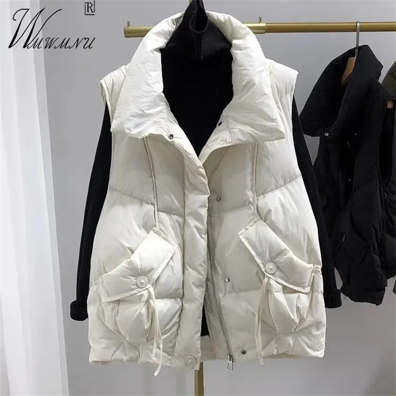 Casual Loose Down Vest Women Fashion Windproof Warm Sleeveless Jacket Lapel Cotton Chaleco Big Pocket Winter Thick Waistcoat