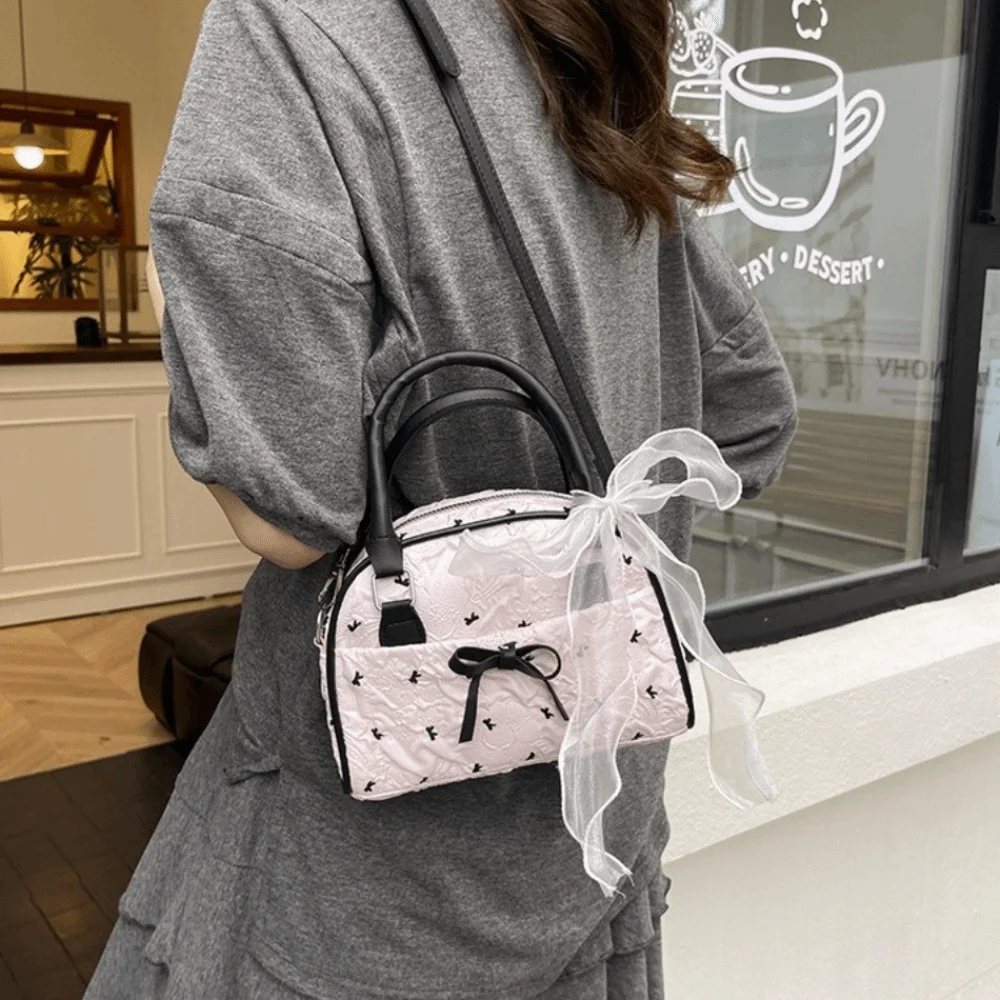 

Fashion Stylish Bow Bowling Bag Versatile Sweet Ribbons Shoulder Bag Small Leisure Women's Handbags Purse