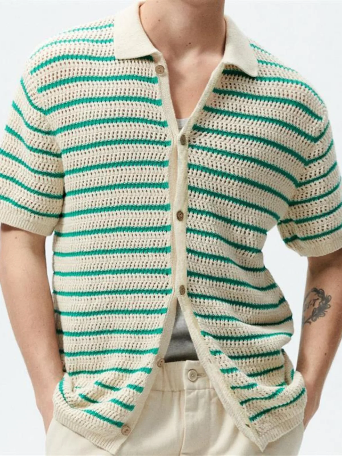 

Men's Summer Knitted Stripe Casual irt Trendy M Size T-irt Straight Cut Loose Fit ort Sve Easy Care Faion