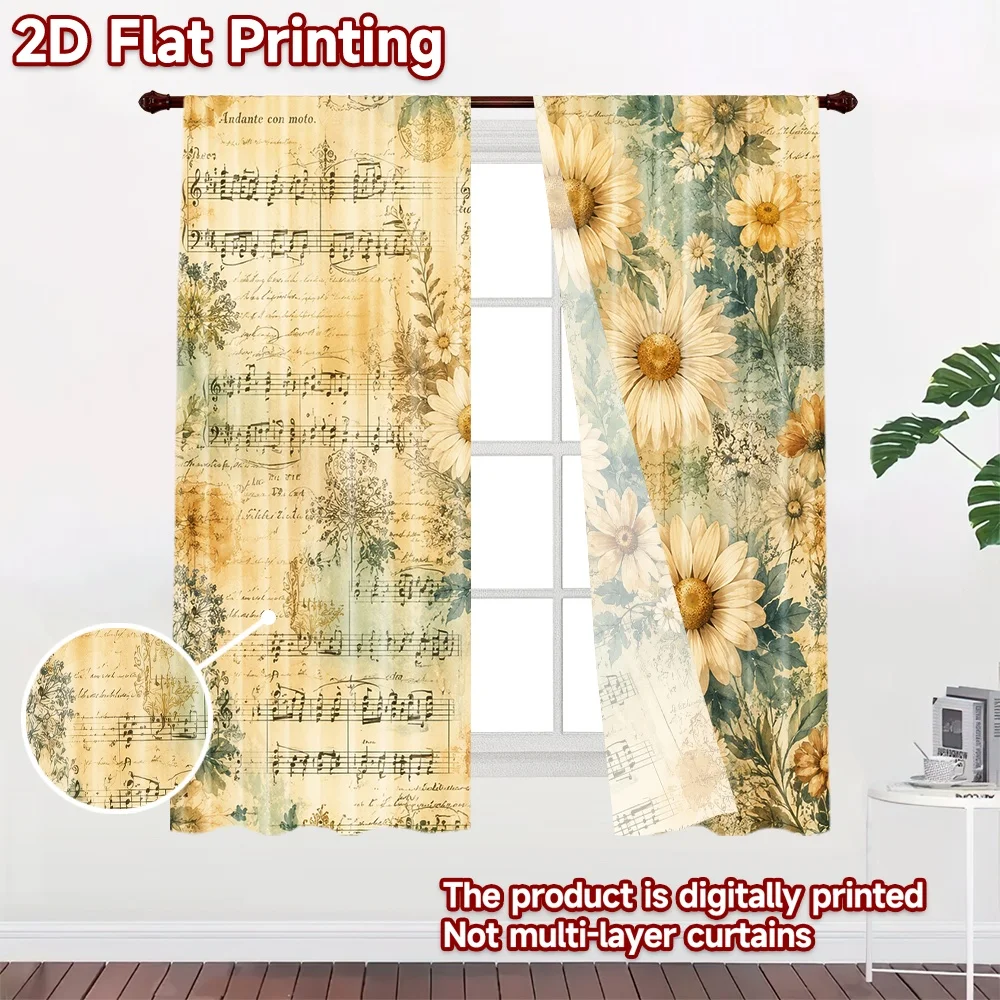 2D flat 2pcs Curtain Home Short Curtains Vintage Daisy Sheet Music Digitally printed polyester Festive Holiday for Holiday