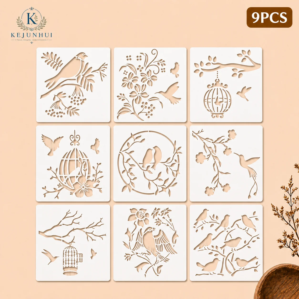 9Pcs Bird Stencils Reusable PET Stencils for Painting Bird Cage Floral Branch DIY Craft Templates Wall Wood Fabric Decor