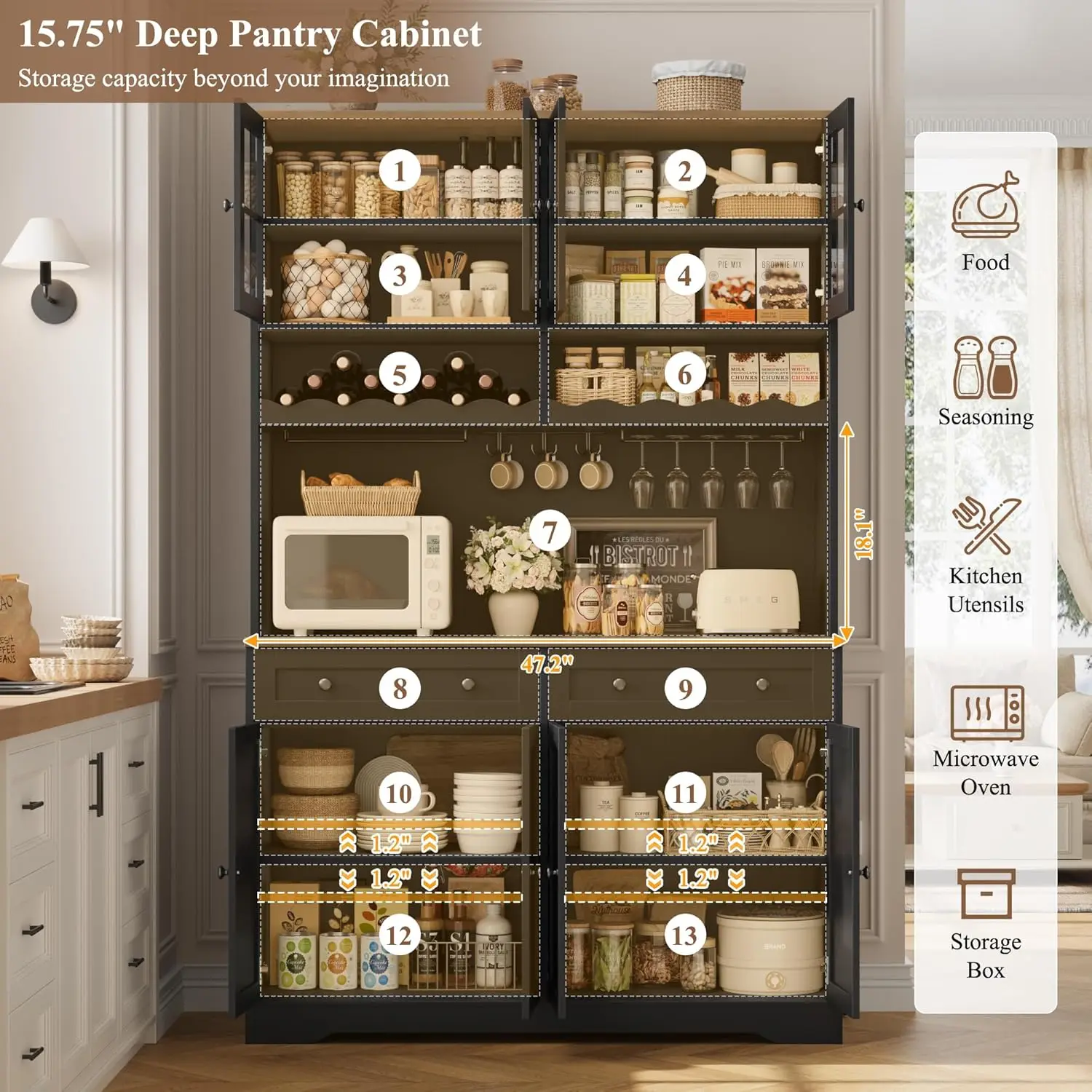 高さ75.4フィートのキッチンパントリーキャビネット、充電ステーション付き、ホワイトハッチ、電子レンジスタンドとワインラック付き