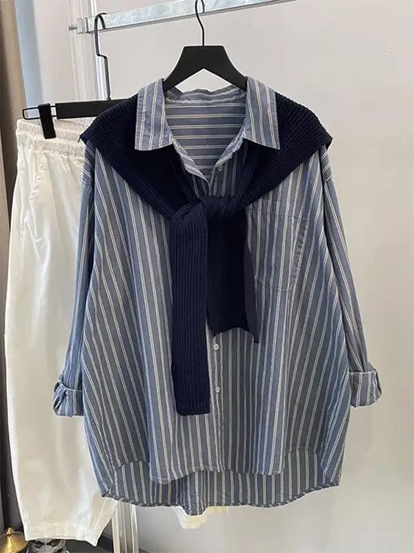 

plus Size 300 Pounds Fat Sister Shawl Two-Piece Set Striped Long Sleeve Women's Early Spring Loose Midi Shirt Korean Style