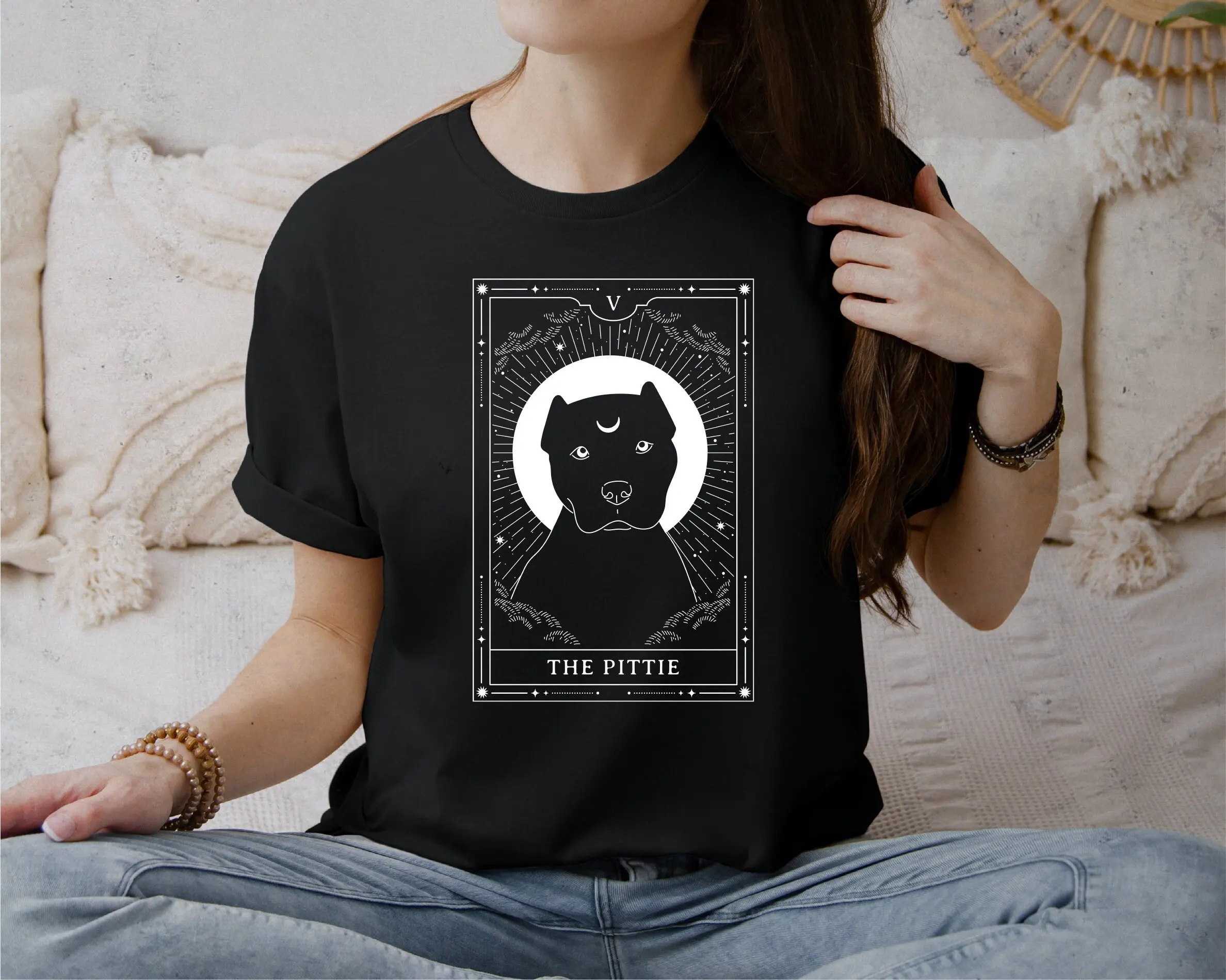 The Pittie Tarot T Shirt for Witchy Pitbull Lovers Cropped Owner Pitty Bella Canvas Card Dog