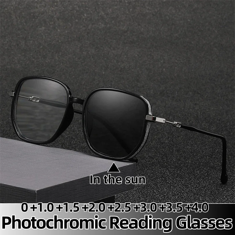 Fashionable Large Frame Photochromic Reading Glasses Outdoor Sun Shades Eyewear Women Presbyopia Plus Diopter  To 0 To +4.0