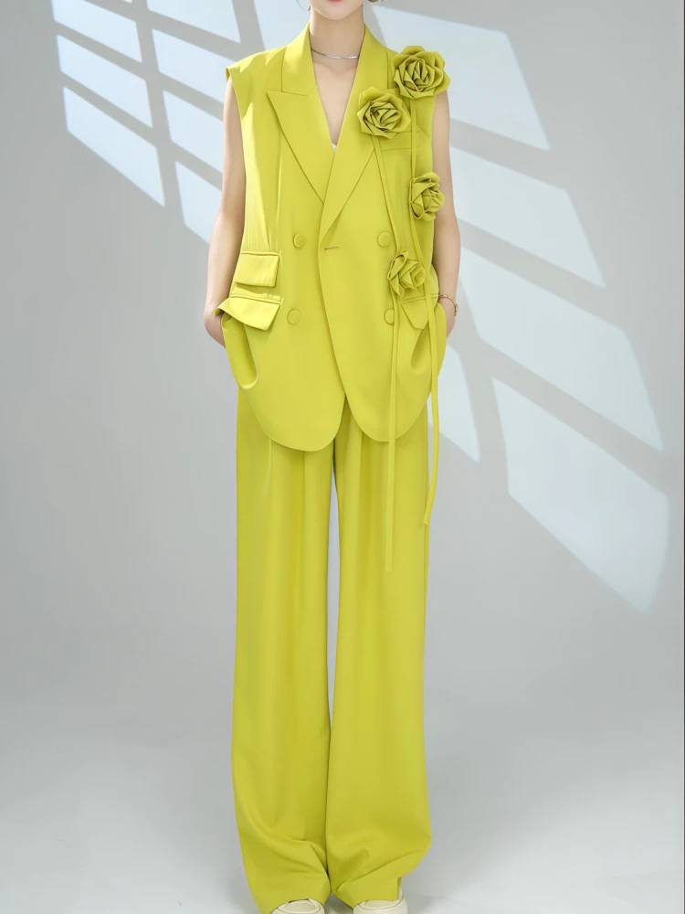 

Korean Style Solid Color Luxury Three-dimensional Flower Vest Straight Long Pants Women Summer Temperament Commuter Set