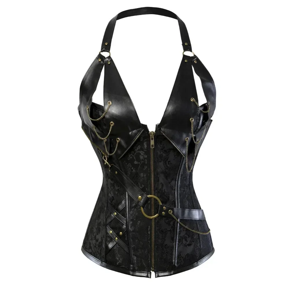 Steampunk feminino espartilhos e overbust halter couro pu gótico bustier zip burlesco traje basco