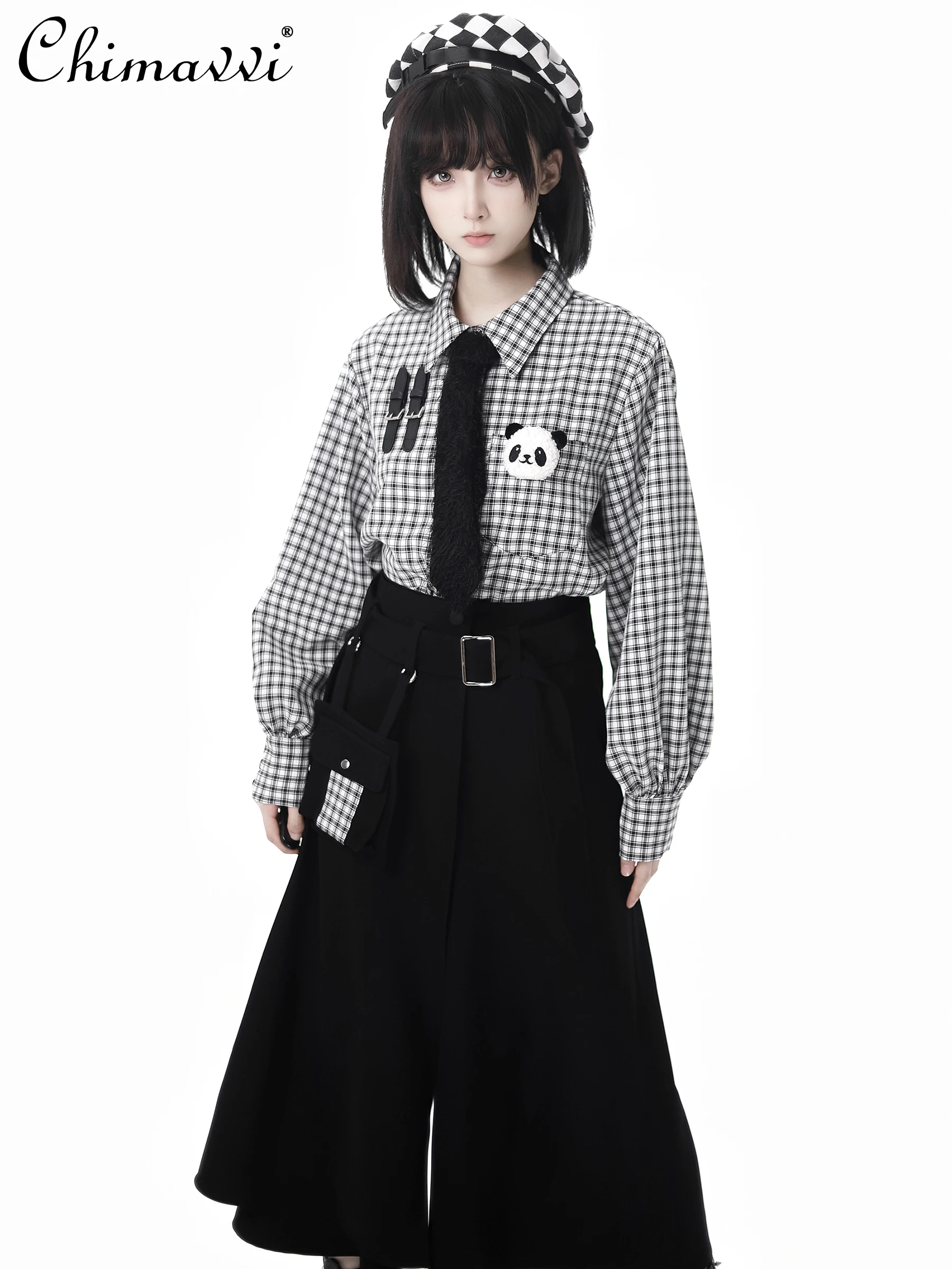 New Autumn Cute Panda Plush Tie Plaid Shirt Long Sleeve Loose Jacket Large Pocket Trousers 3 Piece Set Women's Pants Set Outfits