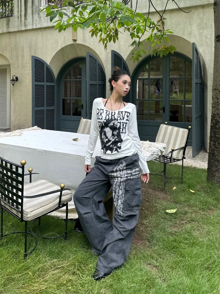 Autumn New Character Printed White T-shirt Women Y2k Aesthetic Slim Fit Base Crop Top Harajuku Vintage Spicy Girl Tees