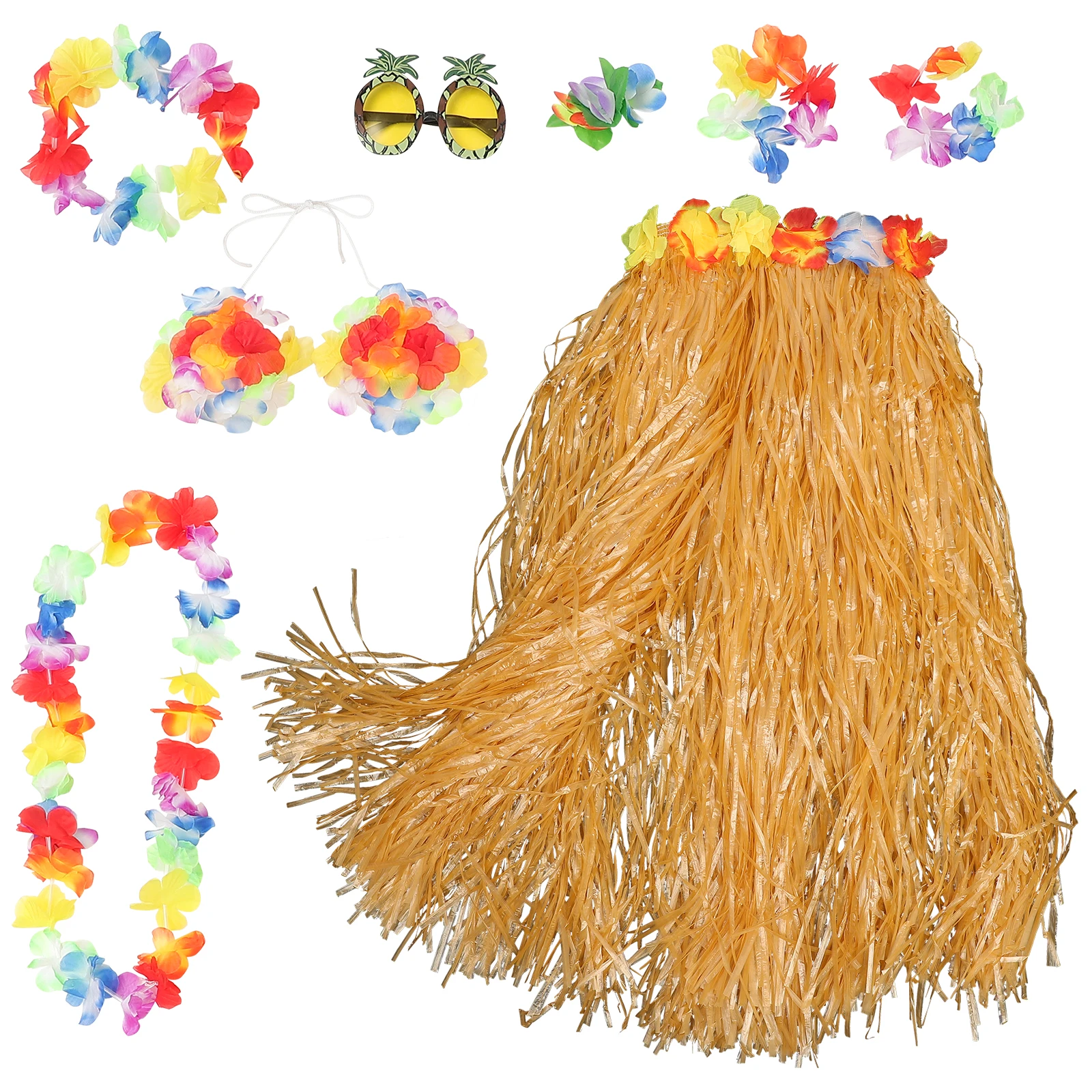 

8 PCS Dance Costume Hawaii Grass Skirt Tropical Women Hawaiian Outfit Accessories for Luau Party Flowers