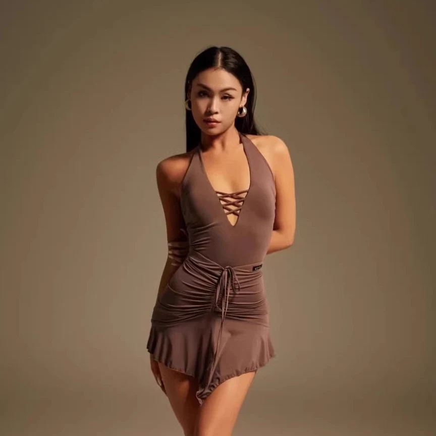 Mujer cuello colgante Top con cuello en V faldas traje vestido de baile latino trajes de actuación ropa de competición de baile latino femenino DN21047