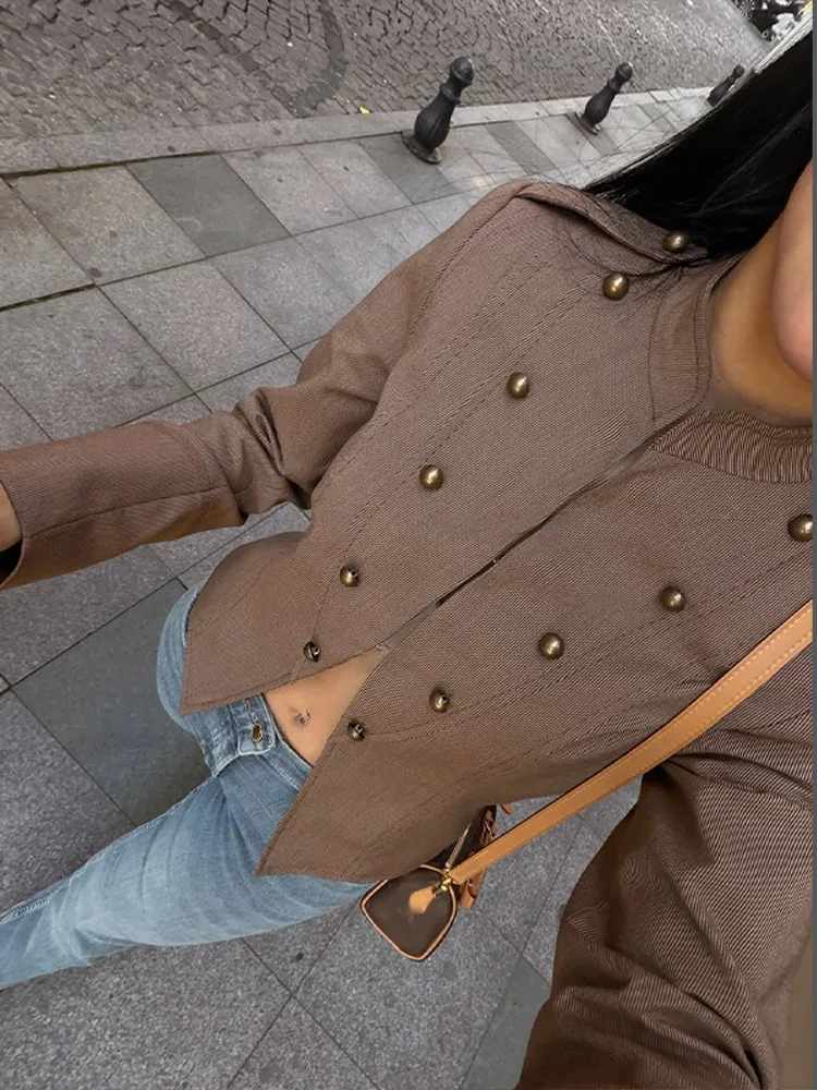 Langarm-Stehkragen-Kurzmäntel für Damen im Vintage-Militärstil mit Epauletten, Doppelreihig, Einfarbig, Locker Geschnittene Jacke, Neue Oberbekleidung für Damen – Detail 9