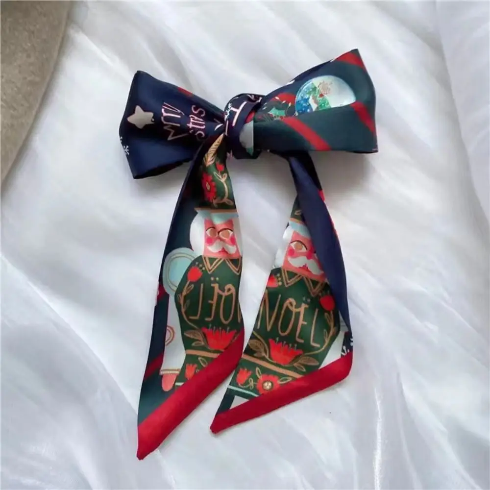 Elegante fita bandana lenço de seda de natal impresso vermelho longo cachecol colocação acessórios de roupas elk ano novo cachecol feminino