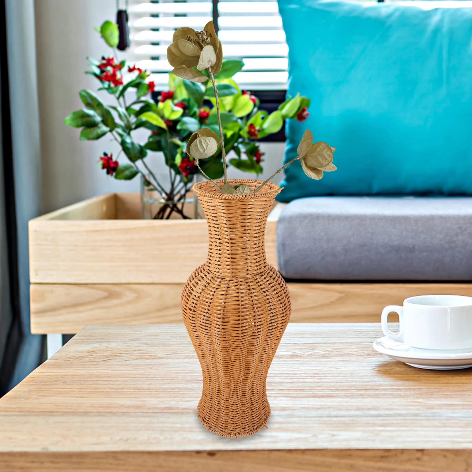 

Imitation Rattan Floor Vase Tall Wicker Vases Decorative Woven Flowers Plastic Vase Home Office Neutral Colors