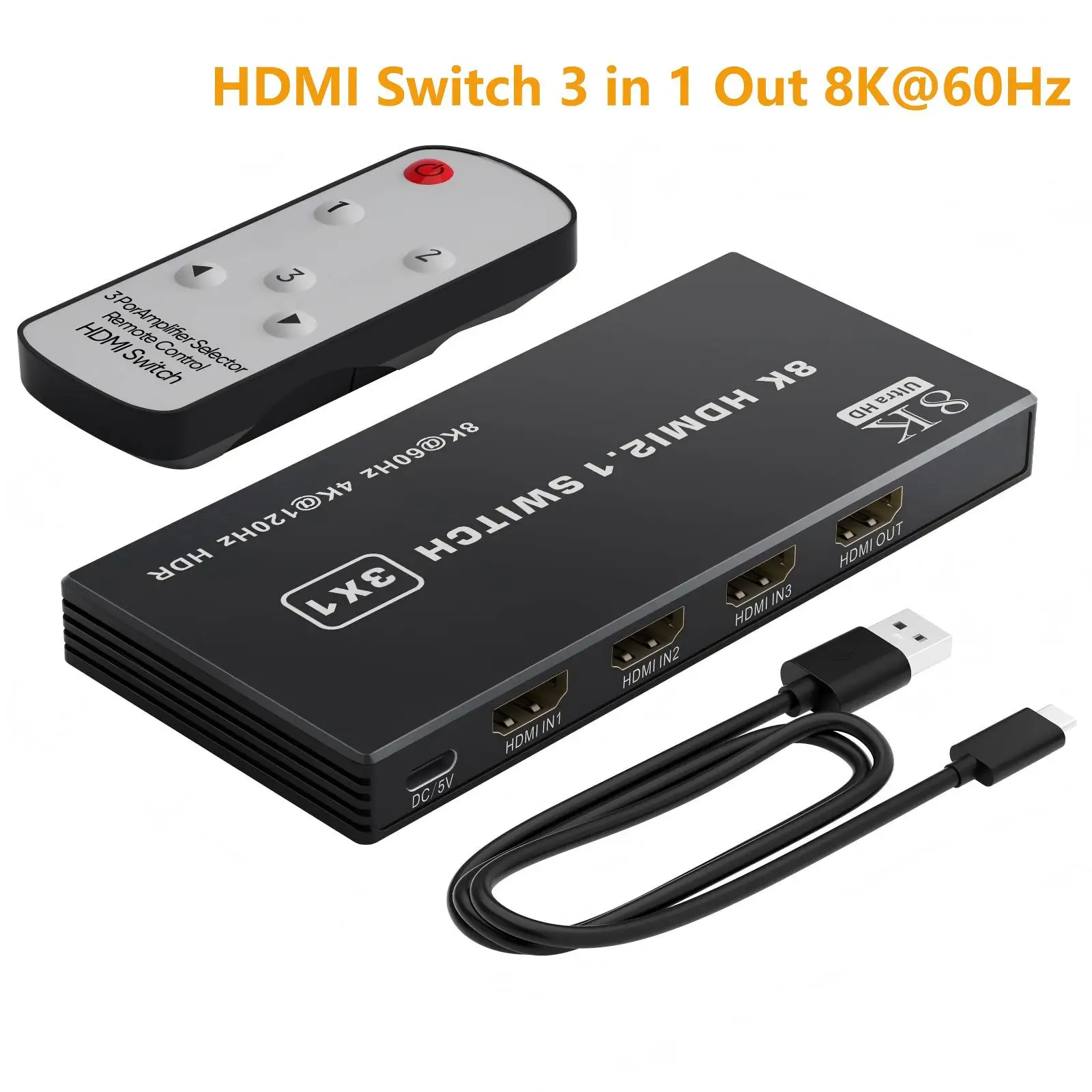 

HDMI Switch 3/4/5 in 1 Out 8K@60Hz,HDMI Splitter with Remote 3/4/5 Port Switcher Selector Box Support 3D CEC HDR HDCP2.3 PS5/4/3