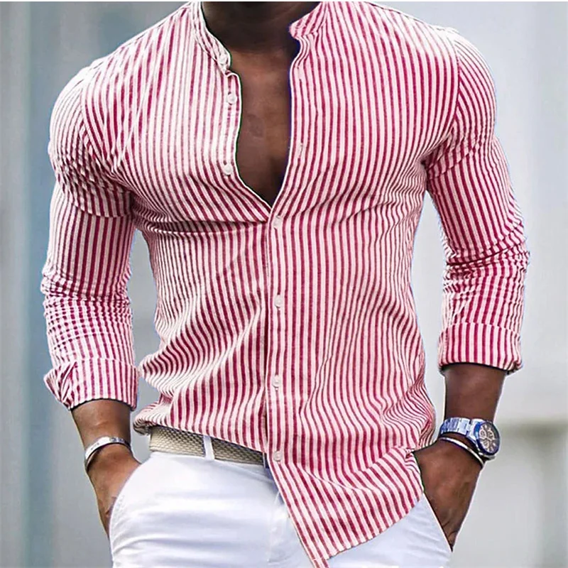 2024 Popular Men's Shirt Stripe Print Flip Collar Button Shirt Soft and Comfortable Extra Large XS-6XL