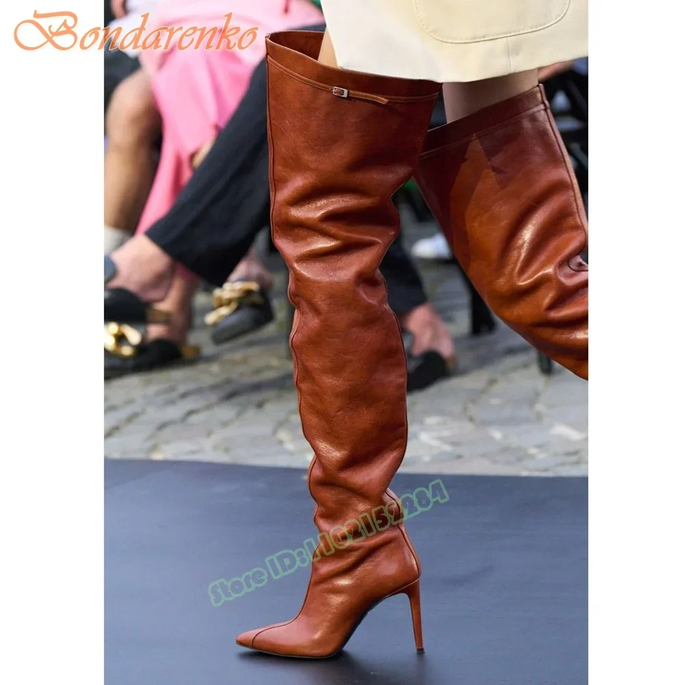 

Brown Thigh High Boots Pointy Toe Solid Pleated Thin High Heels Slip On Buckles Straps New Style Women Runway Shoes Autumn Party