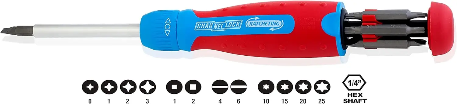 Channellock 131CB 13-in-1 Ratcheting Screwdriver | Multi-Bit Storage | 1/4-Inch Nut Driver | Quick-Load Handle with Cushion Grip