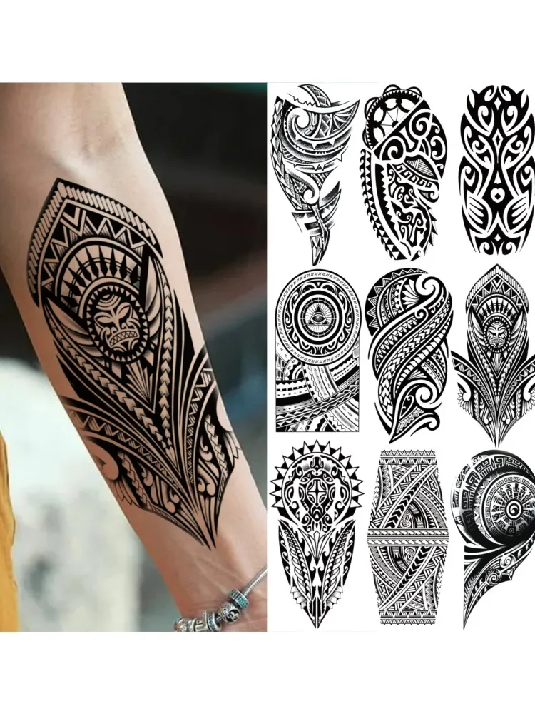Tatouages temporaires Totem Tribal Maori, 1 feuille, pour adultes, hommes et femmes, faux manchon noir, autocollant imperméable