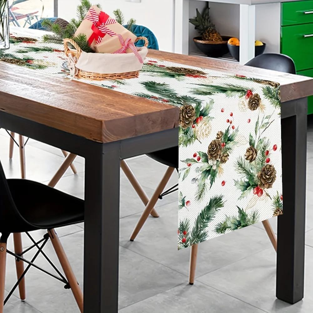 Christmas Pine Needles Branches Holly Table Runner Party Decor Reusable Winter Kitchen Dining Table Runner Christmas Decorations