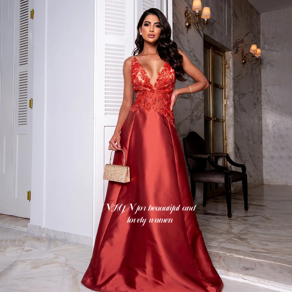 

NFYN A Line Prom Dress Sexy V Neck Party Dress Satin Lace Applique Evening Dresses for Woman Customized
