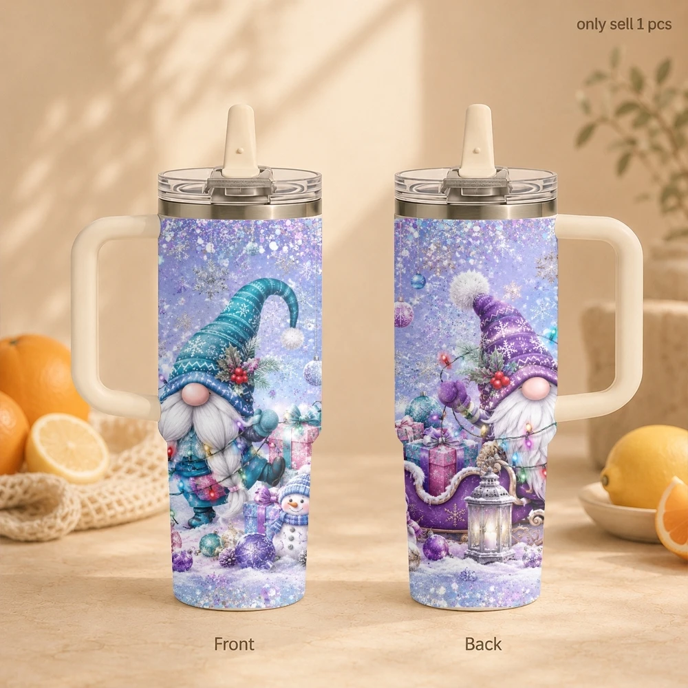 Christmas Gnome String Lights Vacuum Flasks 40oz Thermal Tumbler with Handle Stainless Steel Vacuum Insulated Water Portable Cup