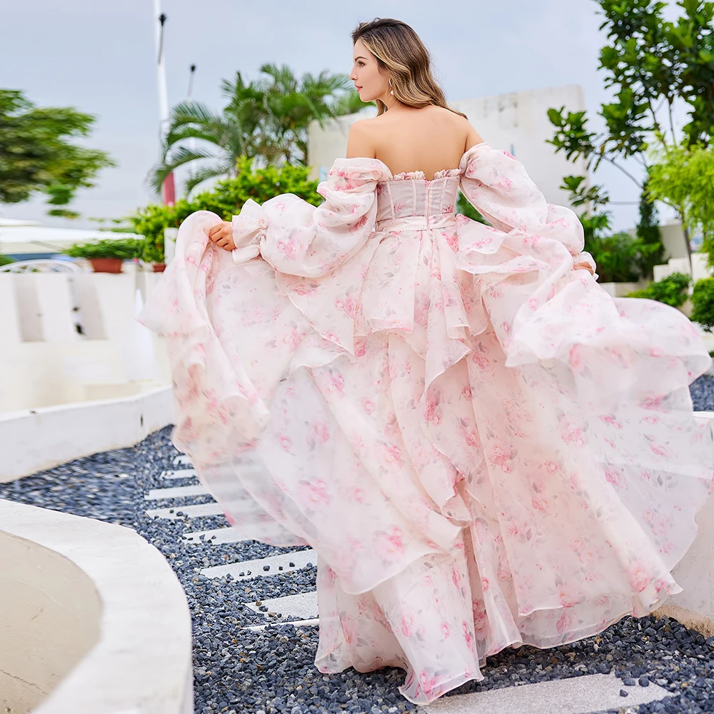 Floor Length Printing Floral Prom Dress Evening Party Gown Photo Shoots Dress Custom Colors YW231125