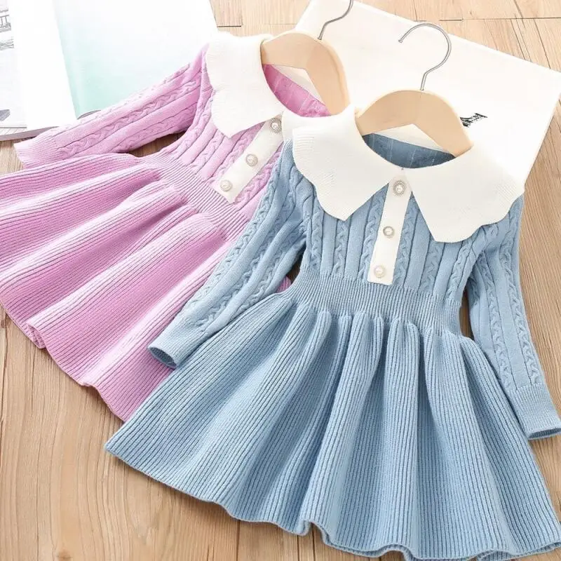 Girls Knitting Wool Long Sleeve Dress Autumn Winter Fashion Children Knitted Princess Sweater Skirt Cute Sweet Kids Clothing