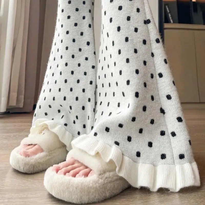 

Женские осенне-зимние вязаные клейкие брюки в горошек, женские тонкие широкие расклешенные брюки с высокой талией, утолщенные флисовые подкладки