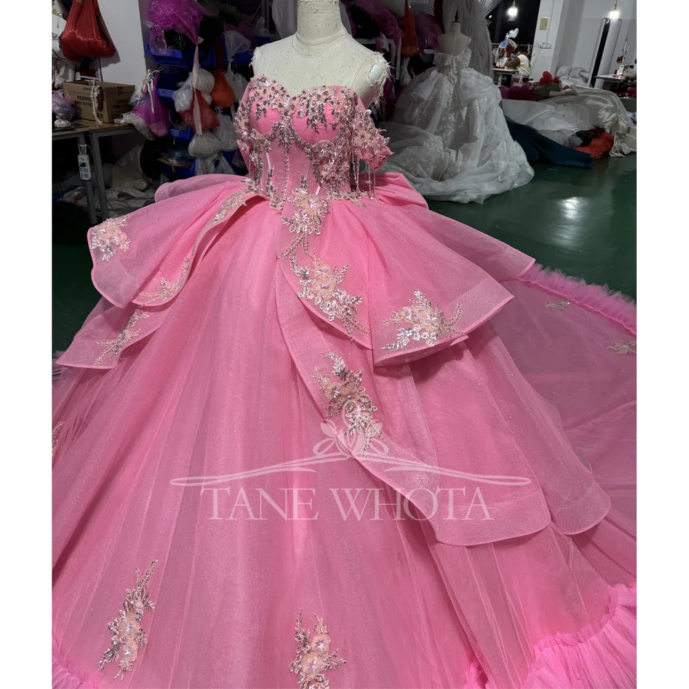 

Розовое роскошное платье для квинсеаньеры с вырезом в форме сердца, открытыми плечами, шнуровкой на спине, бантом, кристальными аппликациями, в стиле принцессы для женщин