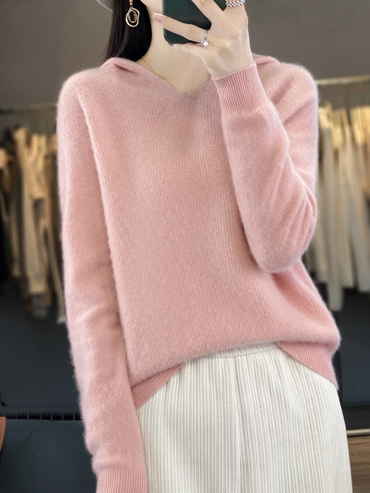 ADDONEE Women Basic Hooded Pullover Sweater 100% Merino Wool Long Sleeve Cashmere Knitwear Korean Popular Clothes Autumn Winter