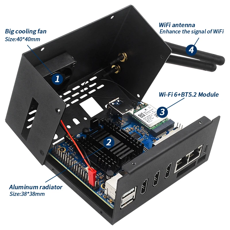 Orange Pi 5 Plus Metal Case with Fan Optional Antenna Aluminum Heatsinks eMMC WiFi BT Moudul Metal Shell for Orange Pi 5 Plus