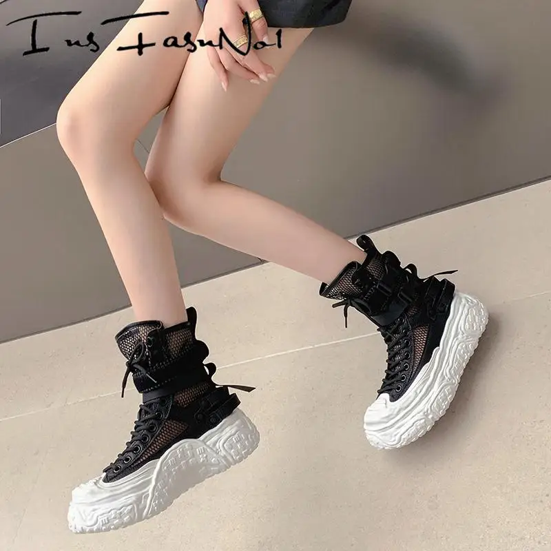 Street Style Air Mesh Genuine Leather Thick Sole Platform Ankle Women Knight Boots Lace Up Buckle Strap Summer Punk Female Shoes