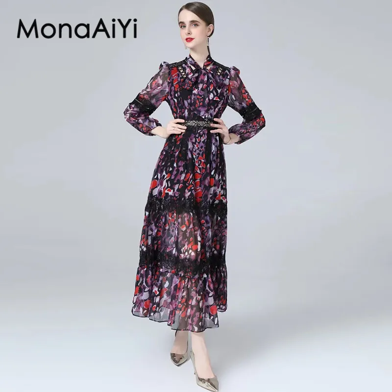 

MonaAiYi Autumn Women's Dress Stand Collar Lace-Up Long Sleeved High waist Lace Splicing Floral Print Ball Gown Dresses