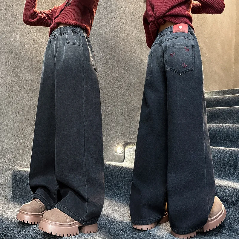 الشتاء فتاة عيد الميلاد معزول الجينز مع التدرج القلب التطريز للأطفال الدافئة الدنيم السراويل الأطفال السراويل مبطنة بالصوف