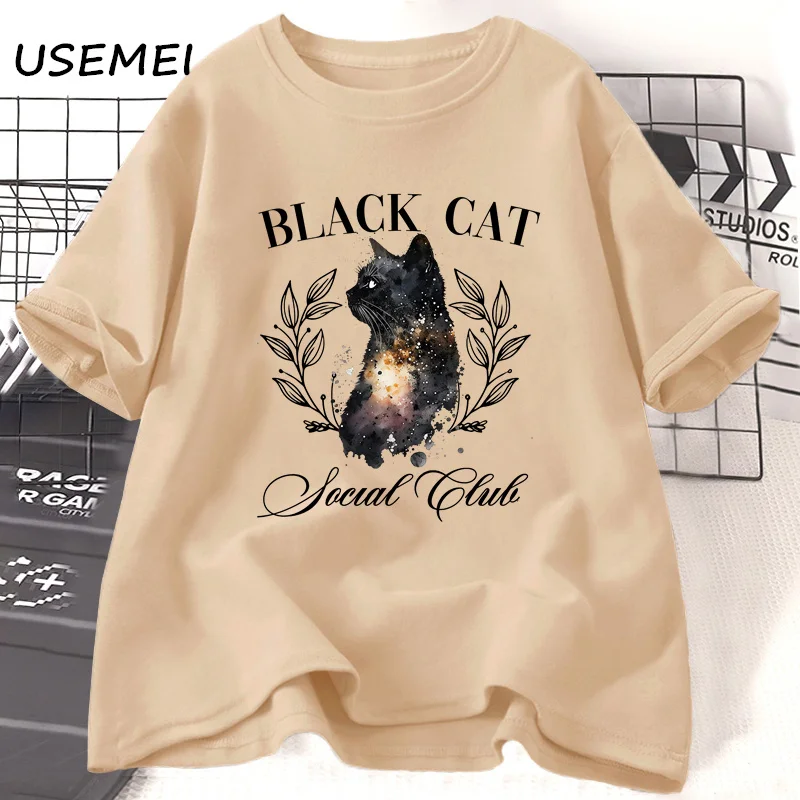 Spooky Season Black Cat T Shirt Halloween Spooky Goth Fall Graphic T Shirts Women Men Cotton Short Sleeve T-shirt Women's