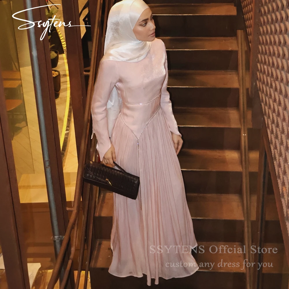 

SSYTEN Pink Modest Long Evening Dresses Full Sleeves Dubai Prom Dresses Shiny Saudi Muslim Wedding Prom Gowns 2026 Customized