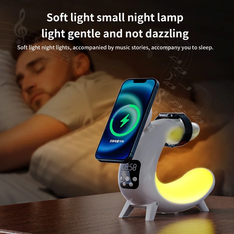 Multifunctional Magnetic Wireless Charger Alarm Clock Speaker RGB Night Light Charging Station for Iphone 11 12 13 14 15 Samsung