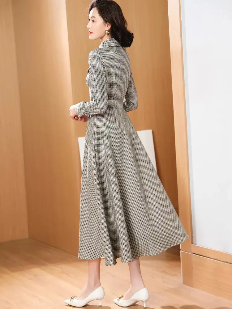 New Women Plaid Shirt Dress Spring Autumn Classic Turn-down Collar Houndstooth Belt Slim Long Dress Casual Long Sleeve Dress