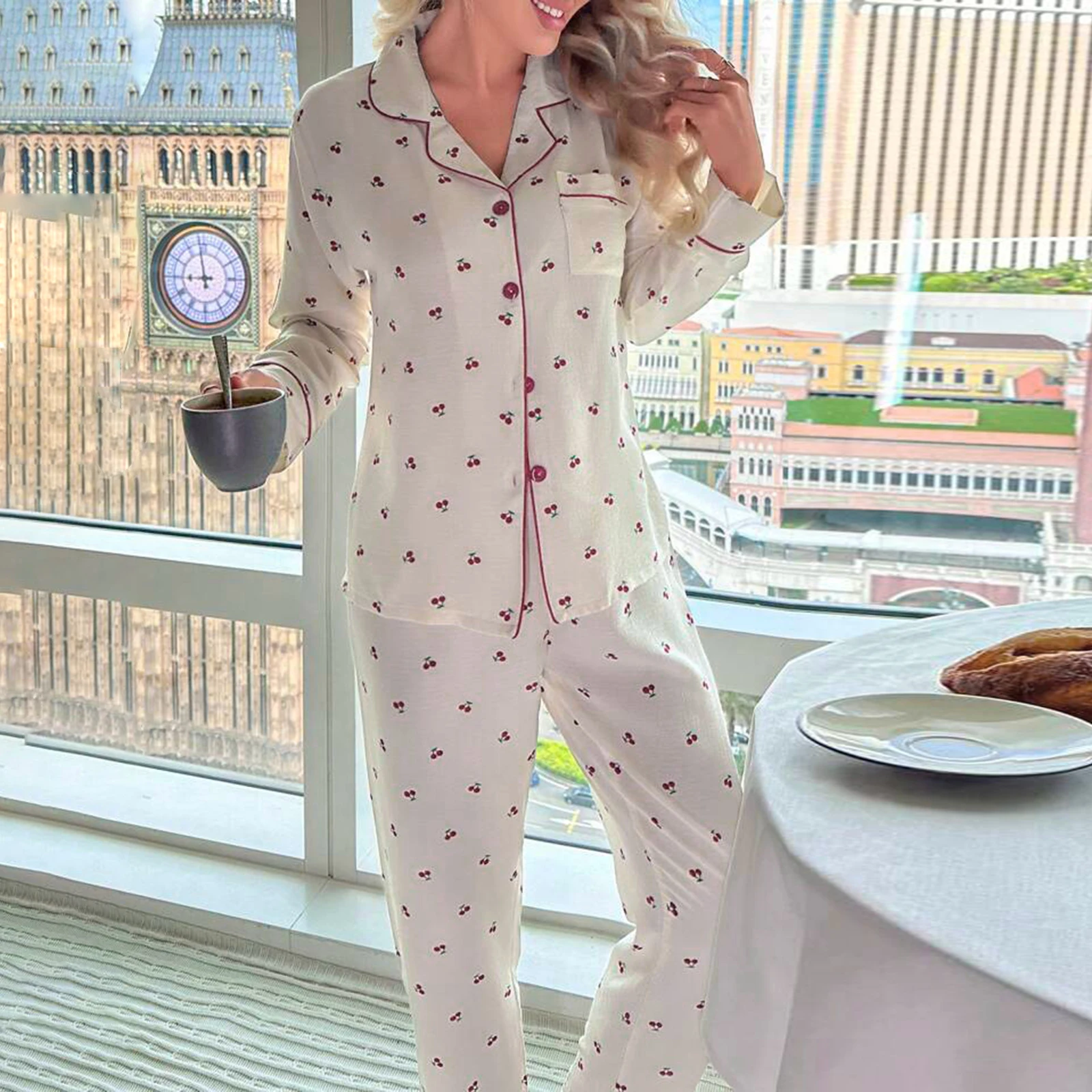 Women Pajama Set Cherry Print Long Sleeve Button Closure Tops with Elastic Waist Pants Sleepwear Loungewear